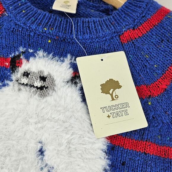 TUCKER + TATE BLUE RED STRIPED KNIT STITCHED ON YETI SWEATER, BABY BOY'S SIZE 6M - Picture 5 of 7